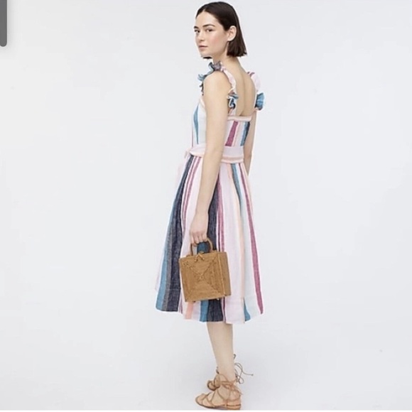 J.CREW Button Up Belted Midi Striped Dress in 100% Linen Size 6 - Picture 2 of 7